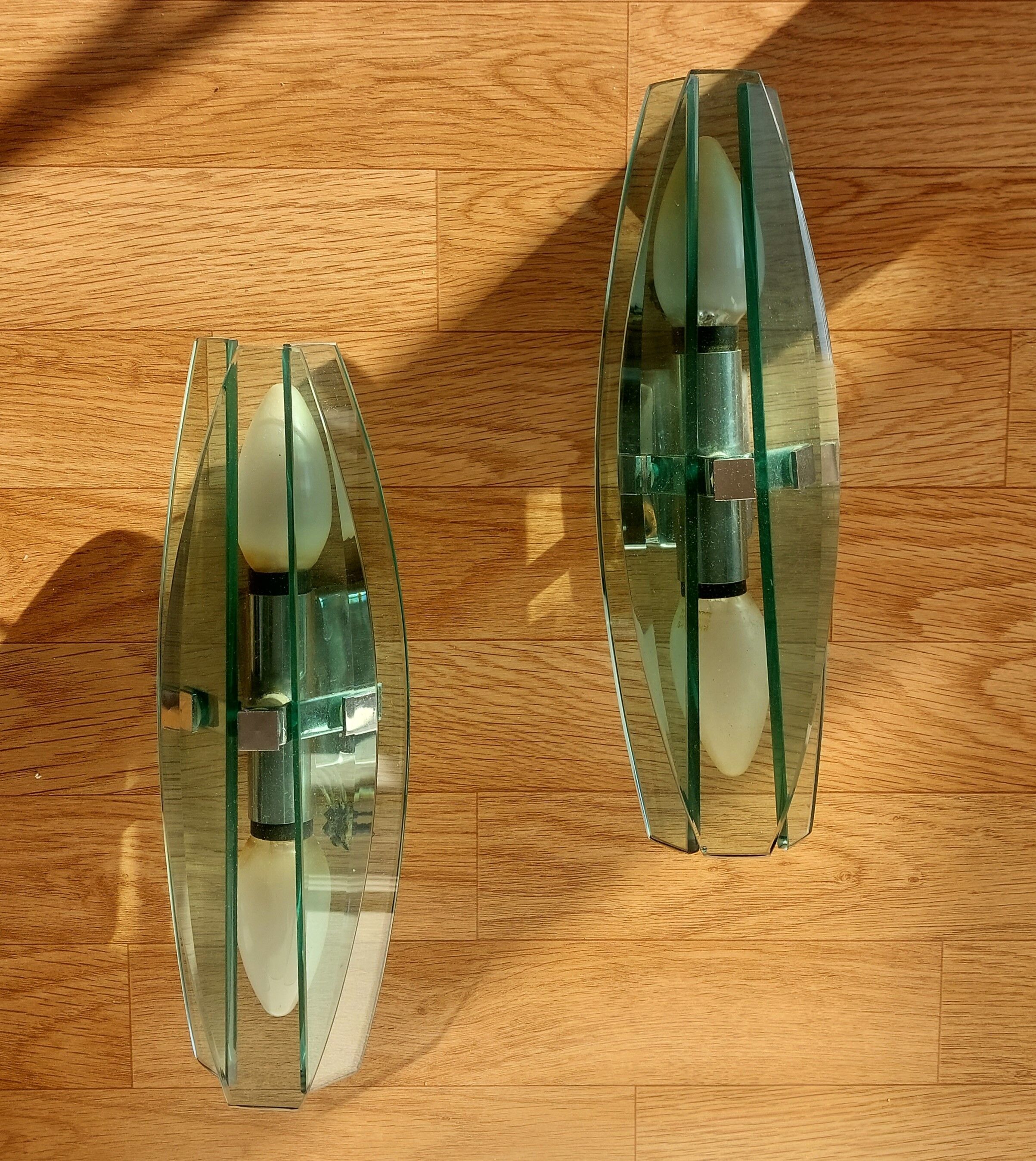 Pair of Veca wall lamps in blue/green tinted glass 1970