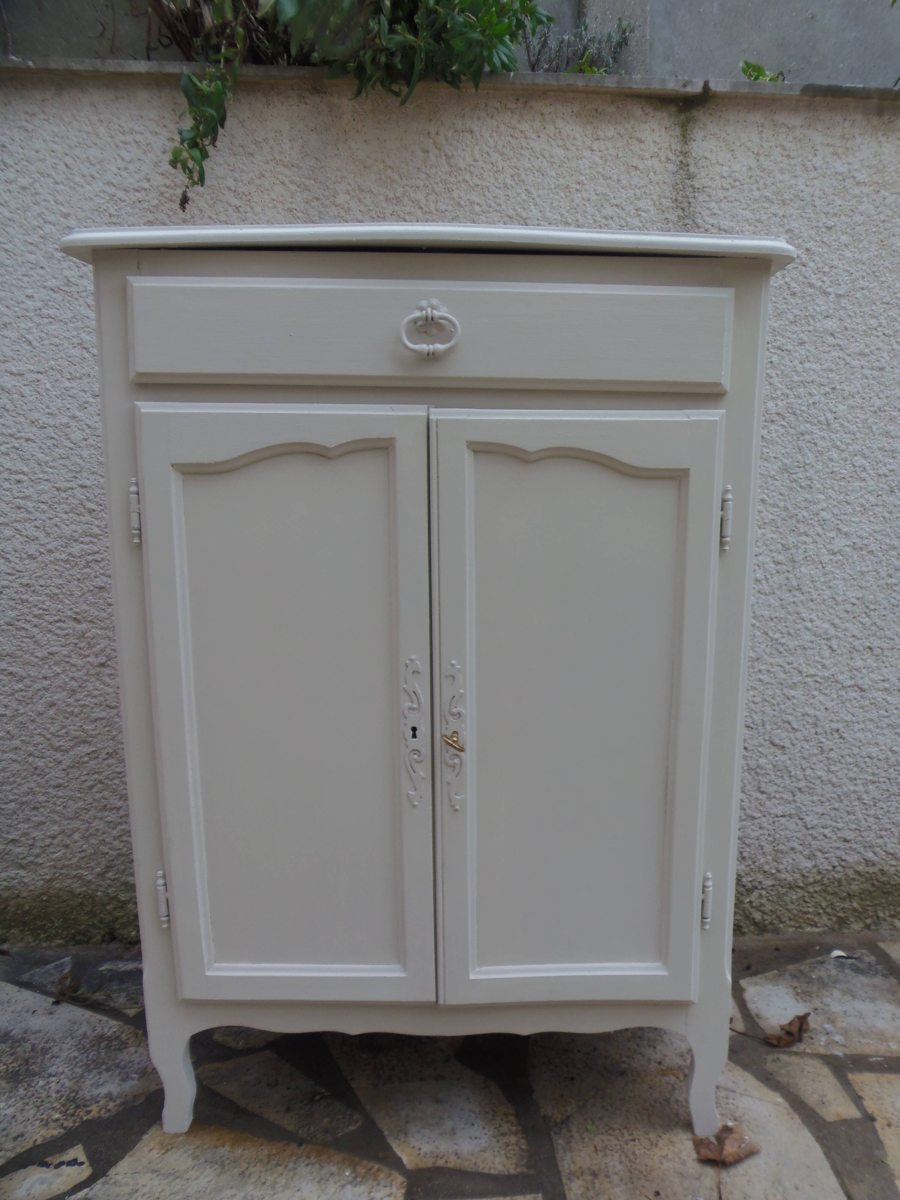 Small vintage buffet reimagined in pearl grey, wooden top.