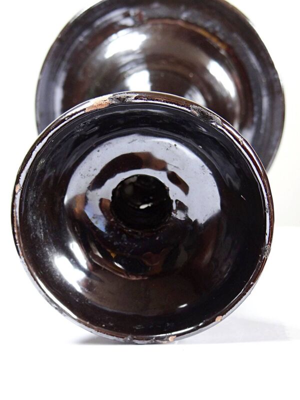 Grand bougeoir Biot en terre vernissée noire, ancien pied de lampe, années 60