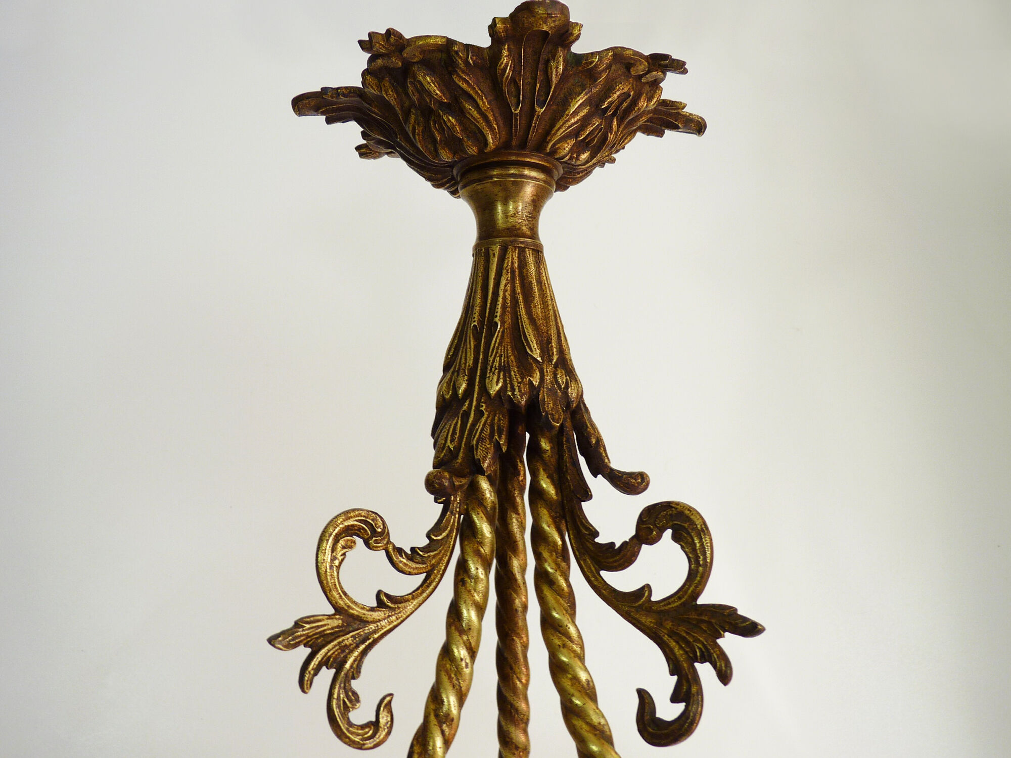 Art Deco chandelier in bronze with 3 tulips in pink glass paste. Signed L'Elf