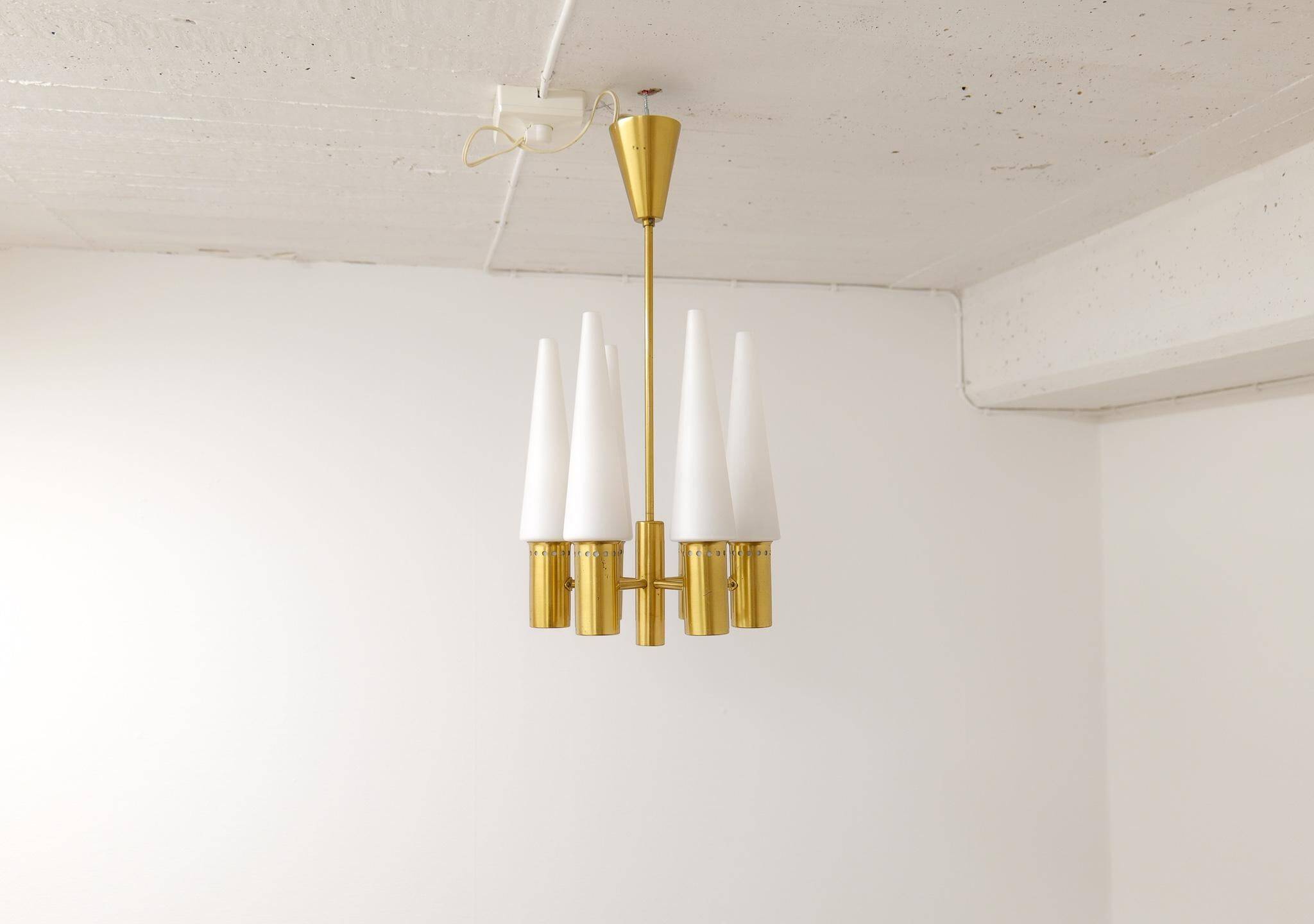 Midcentury brass and opaline ceiling lamp by Hans-Agne Jakobsson, Sweden, 1950s.