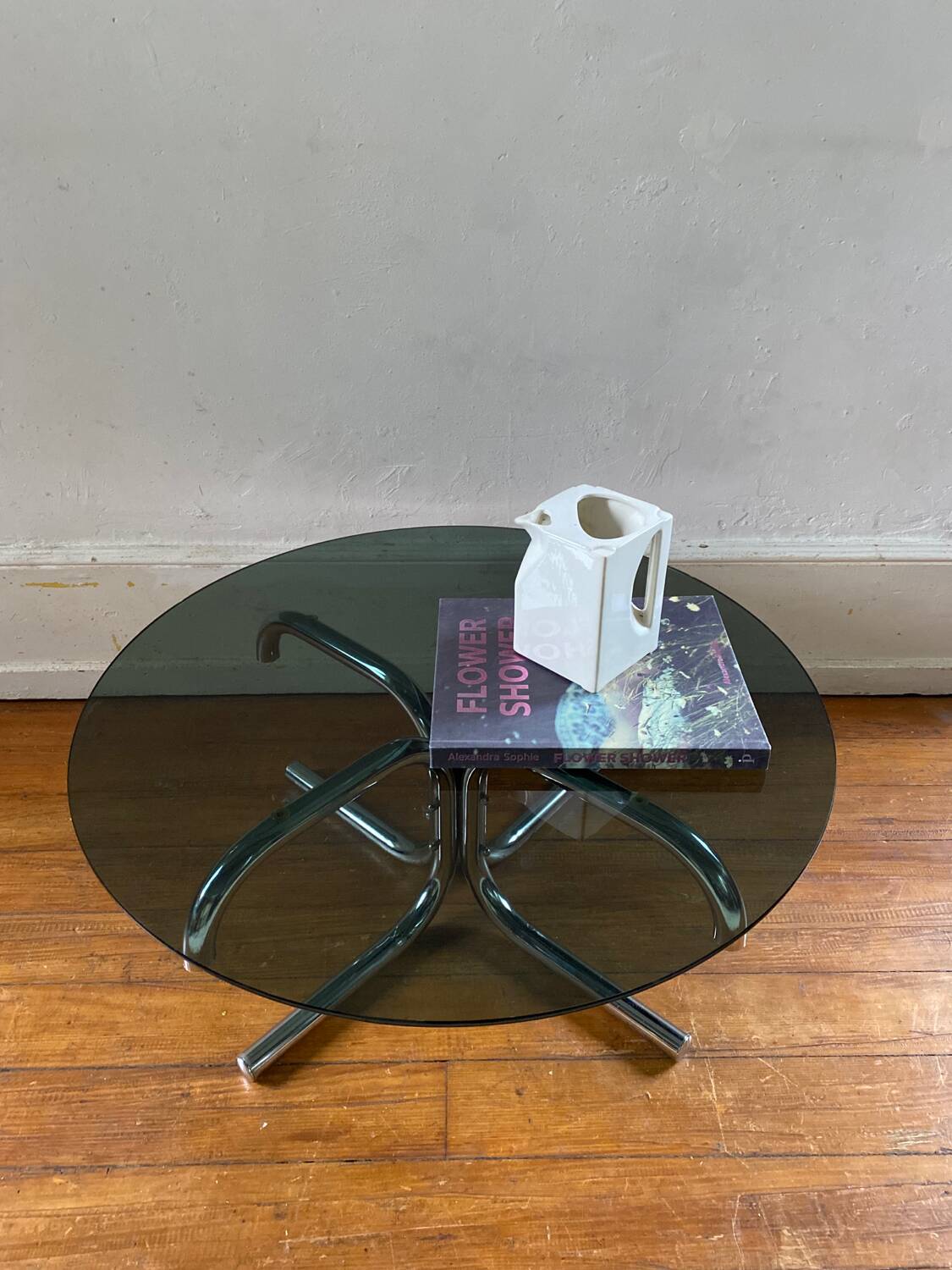Tubular round smoked glass coffee table vintage 1970
