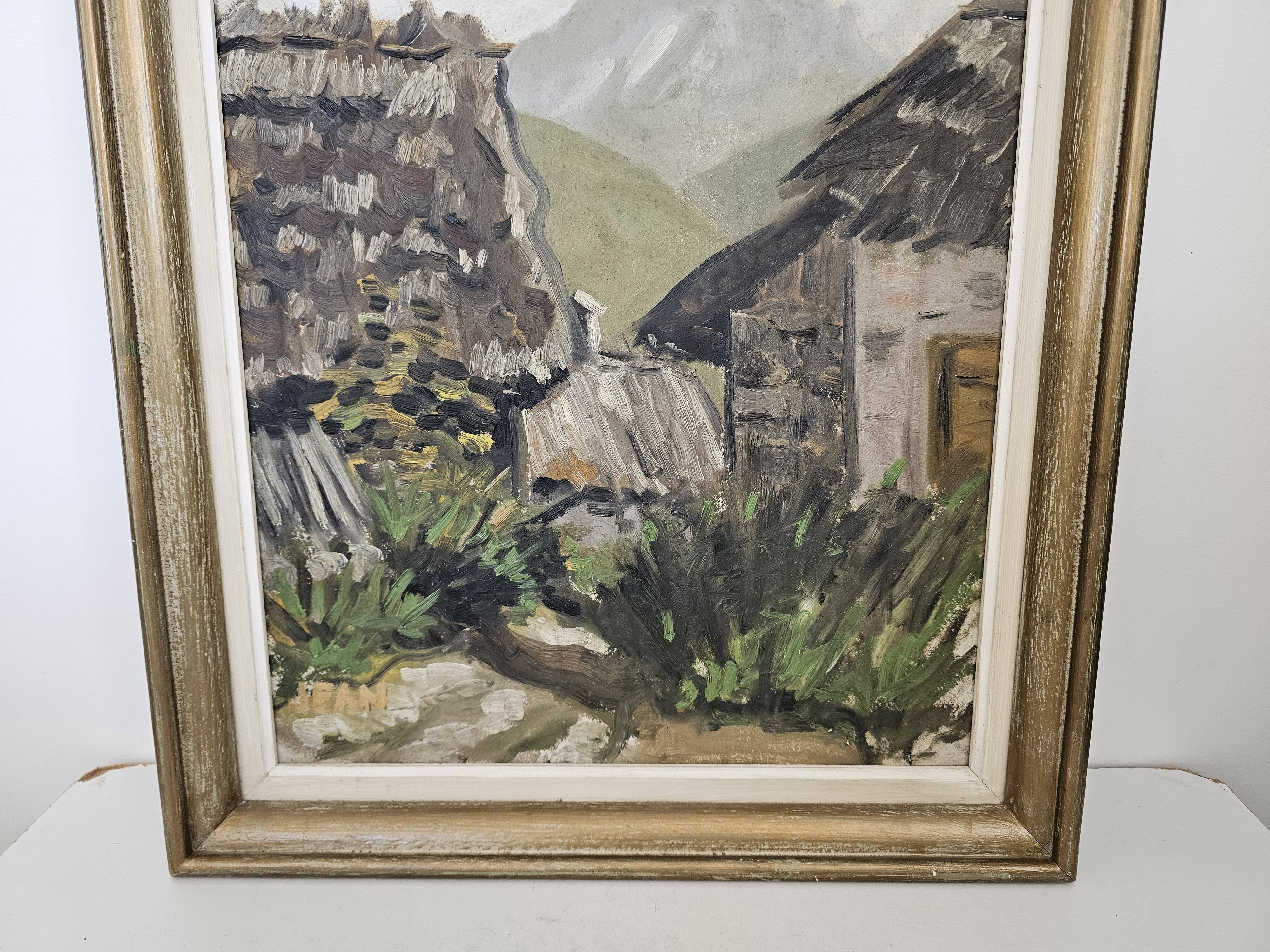 Oil on Cardboard - Mountain Chalet Landscape Signed Jean