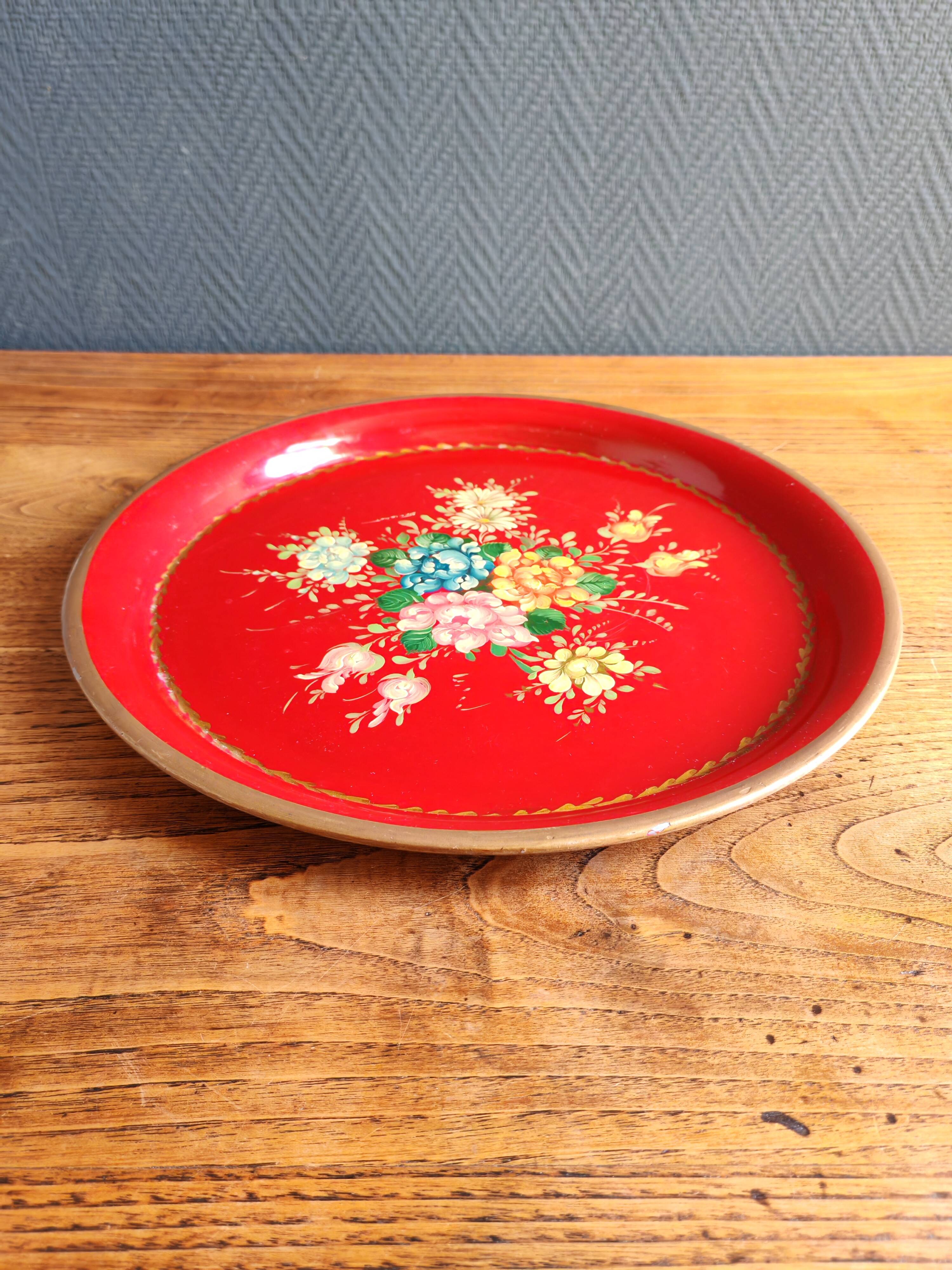 Old Red Plate Signed - Hand-Painted Floral Decoration