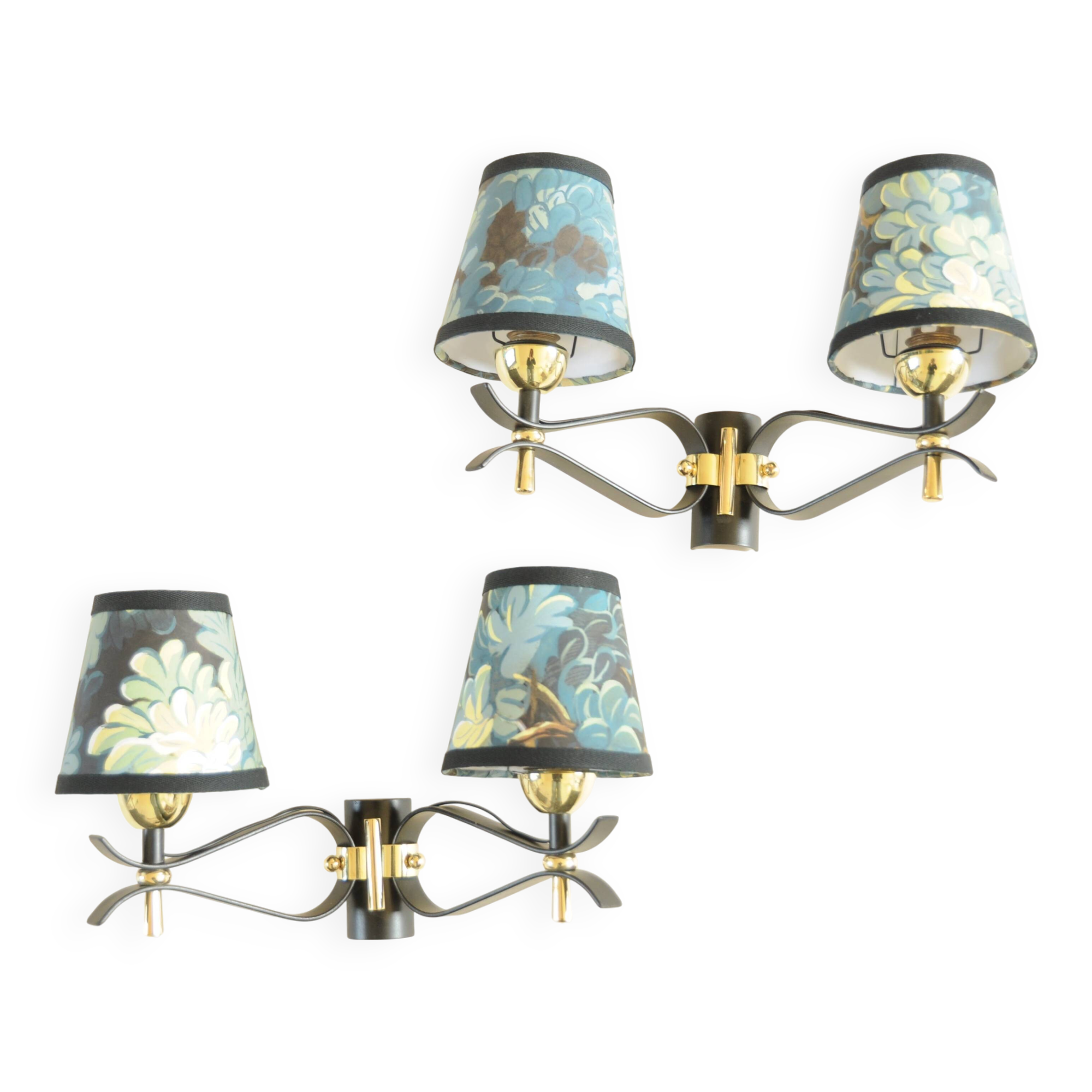 Pair of vintage black and gold wall lights - 18th century foliage lampshade