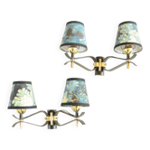 Pair of vintage black and gold wall lights - 18th century foliage lampshade