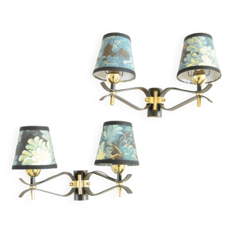 Pair of vintage black and gold wall lights - 18th century foliage lampshade