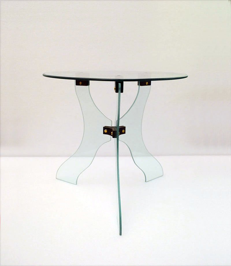 Table basse en cristal biseauté avec joints en bois années 1950