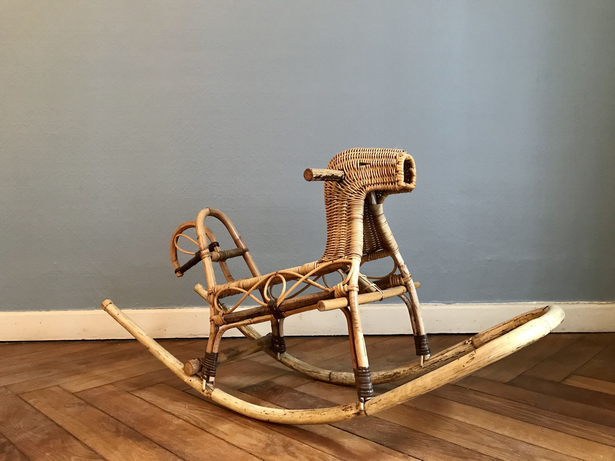 Rattan and bamboo rocking horse