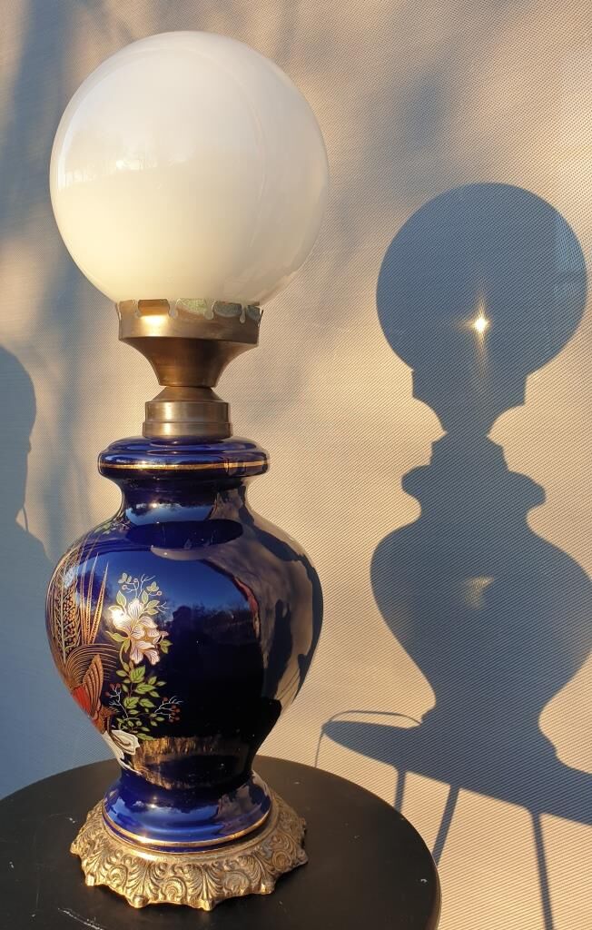 Ceramic lamp birds lyres on midnight blue background Napoleon III