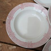 6 assiettes creuses Longwy modèle Toulouse bordure rose terre de fer