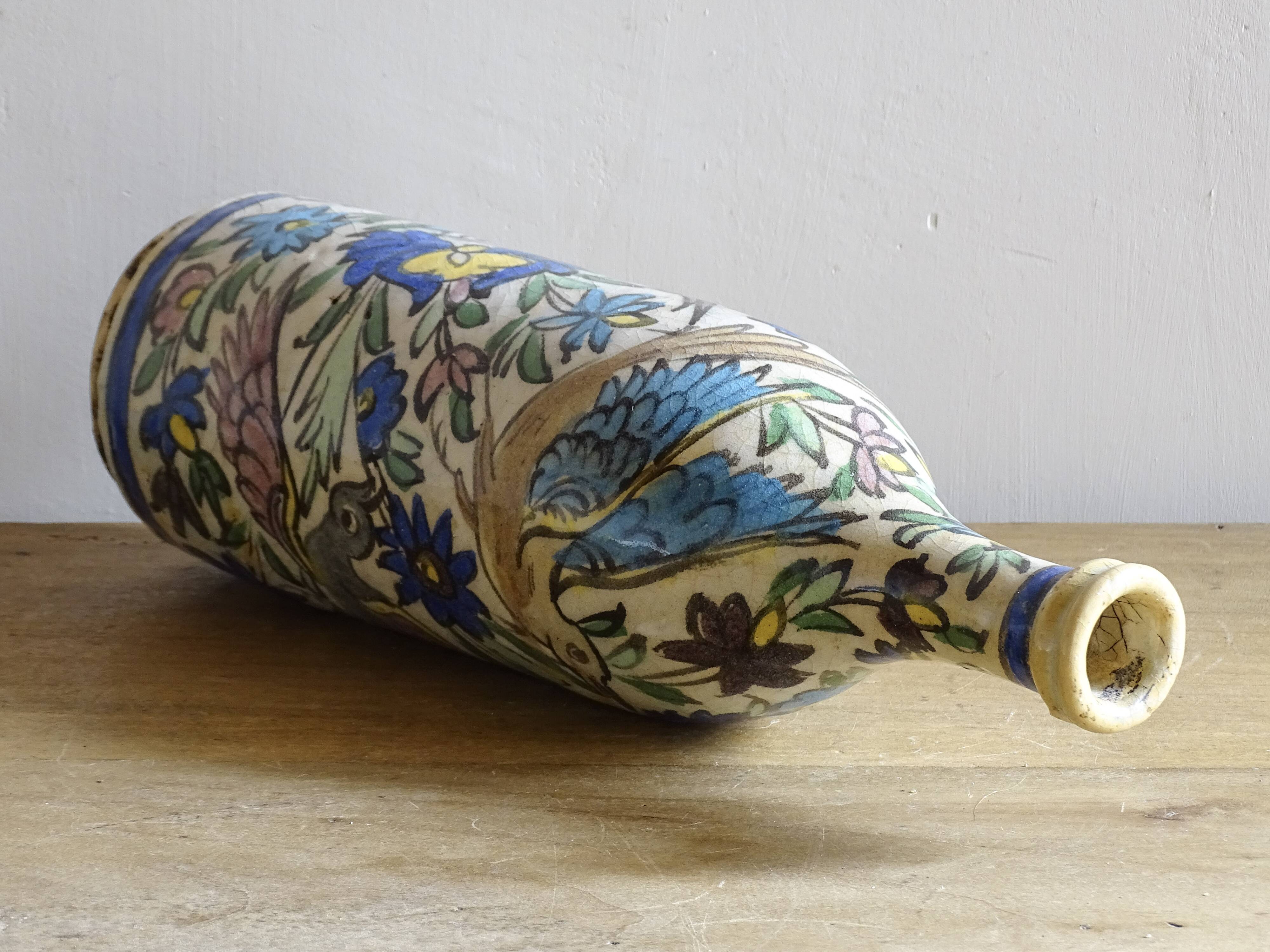 Antique Iznik Style Pottery Bottle with Birds, Ottoman Revival Ceramic Vase