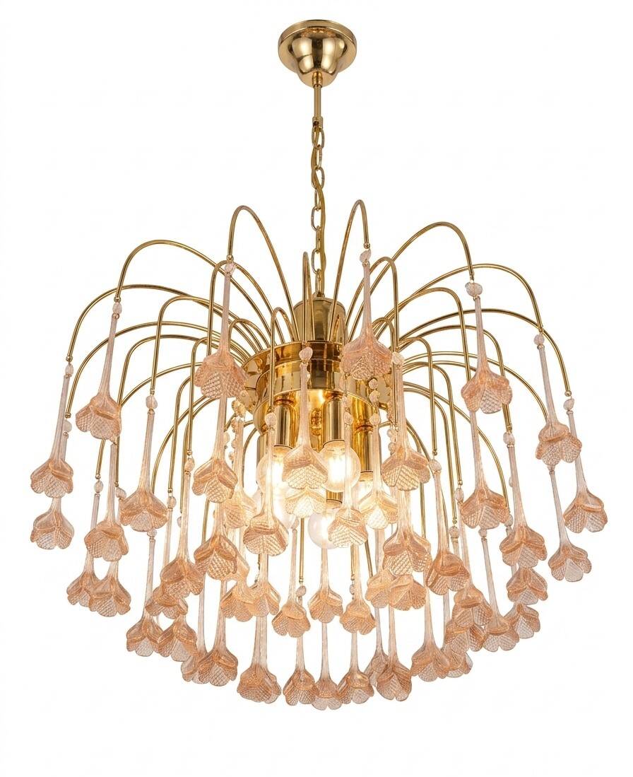Vintage chandelier rain gold with handmade Murano glass pink flowers.
