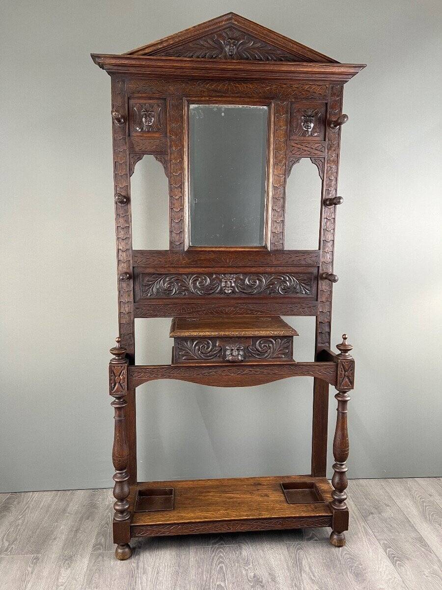 Carved Oak Coat Rack, Neo-Gothic Style, 19th Century