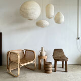 Suspension in rattan and japanese natural linen in the shape of a lantern h50 d30