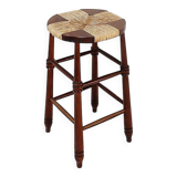 Brutalist wood and Rice straw Stool - 1970s