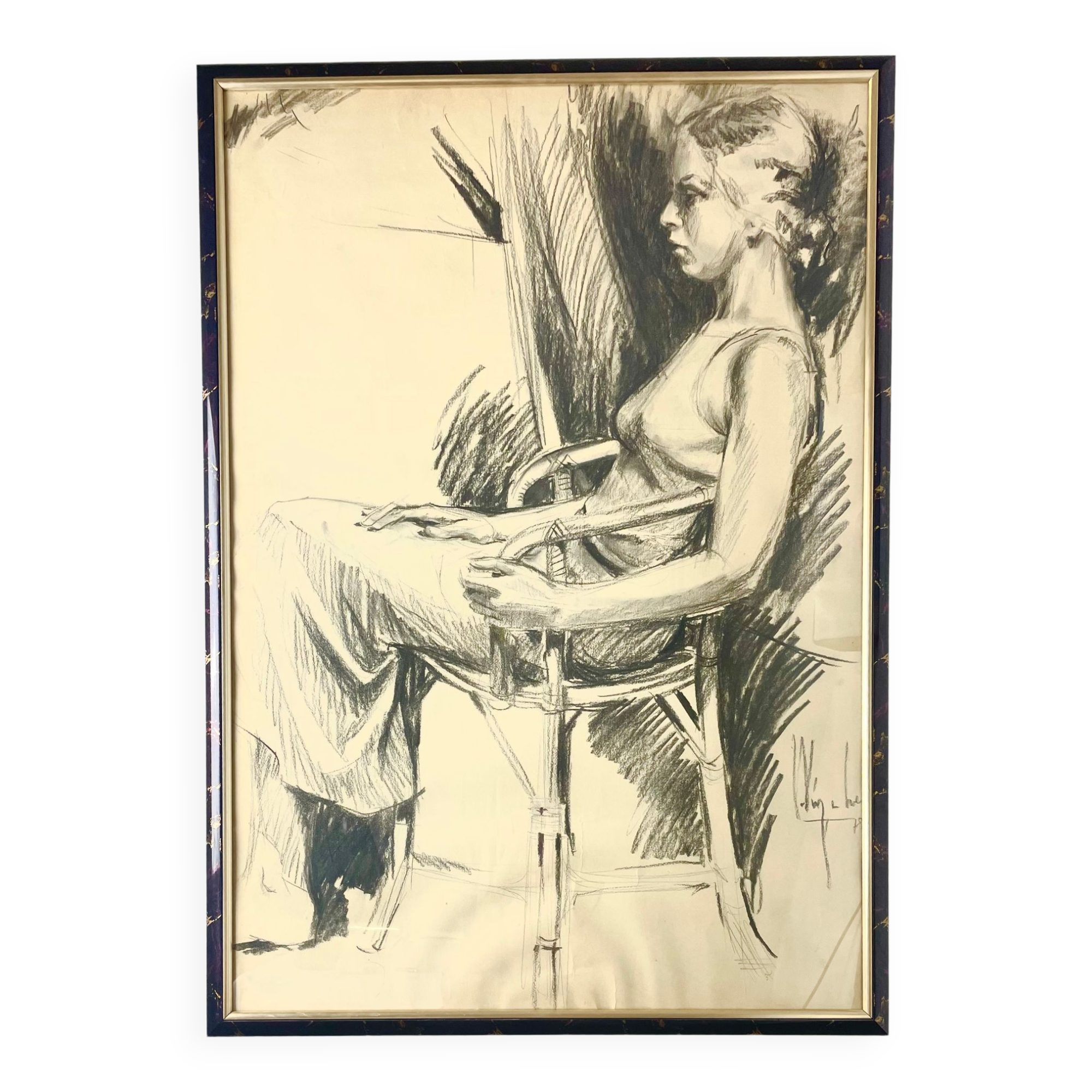 Charcoal drawing signed and dated, Young woman seated, 1976.