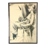 Charcoal drawing signed and dated, Young woman seated, 1976.