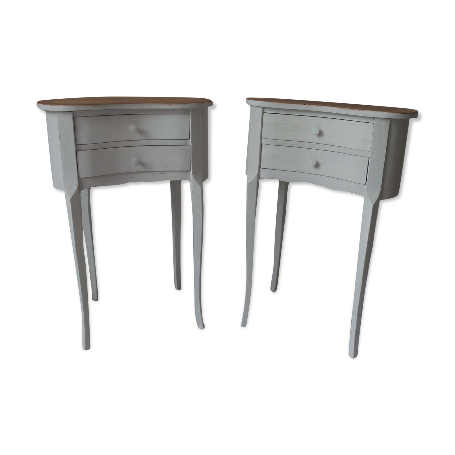Vintage bedsides patinated pearl grey, branded wooden trays