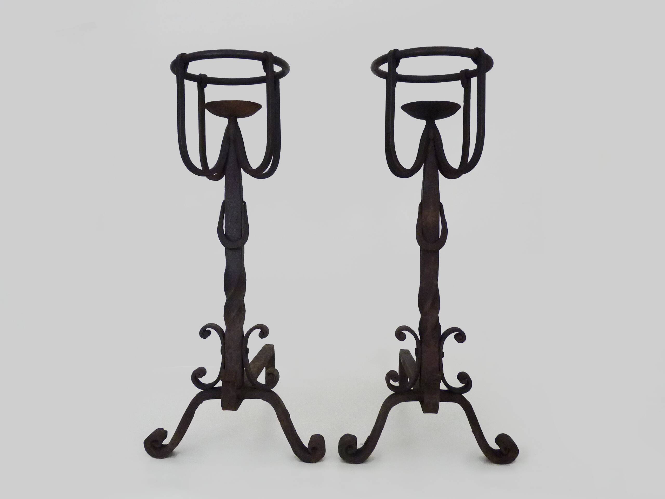 Pair of wrought iron andirons with 19th century fireplace set