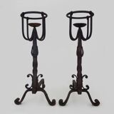 Pair of wrought iron andirons with 19th century fireplace set