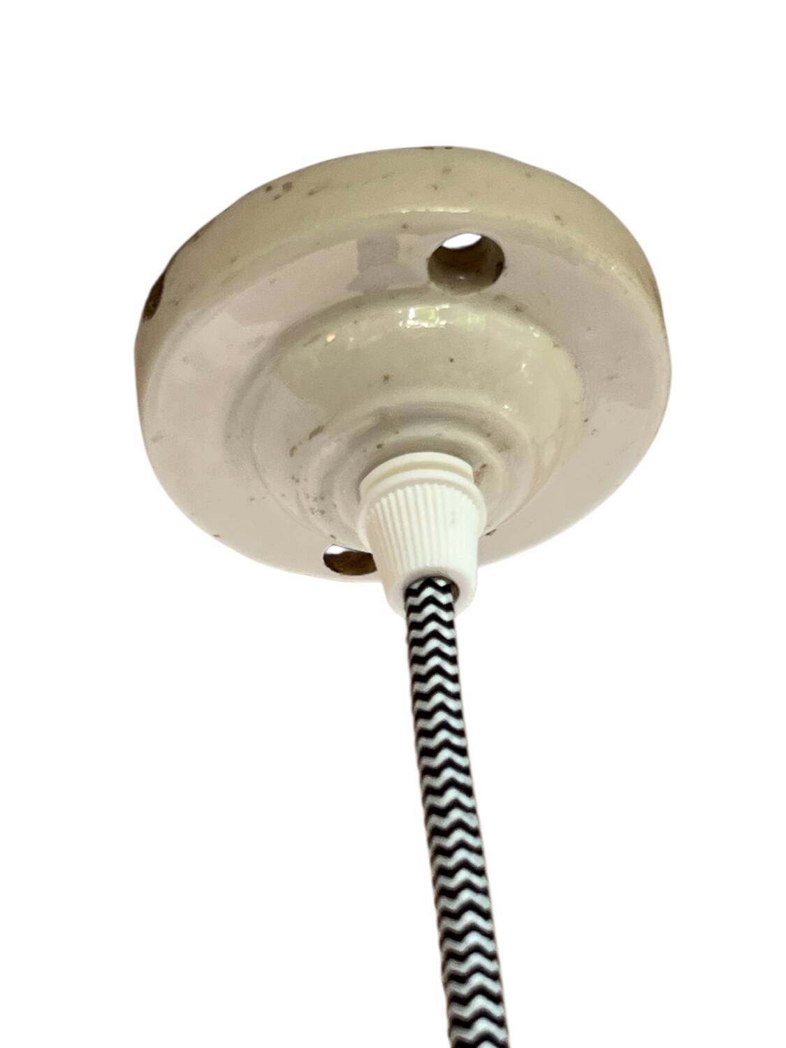 Pair of black and white industrial pendant lights with ceramic sockets