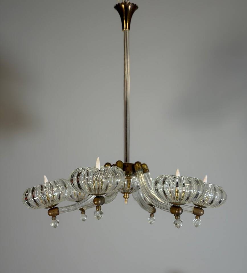 Lustre vénitien en verre de Murano et laiton, vers 1950