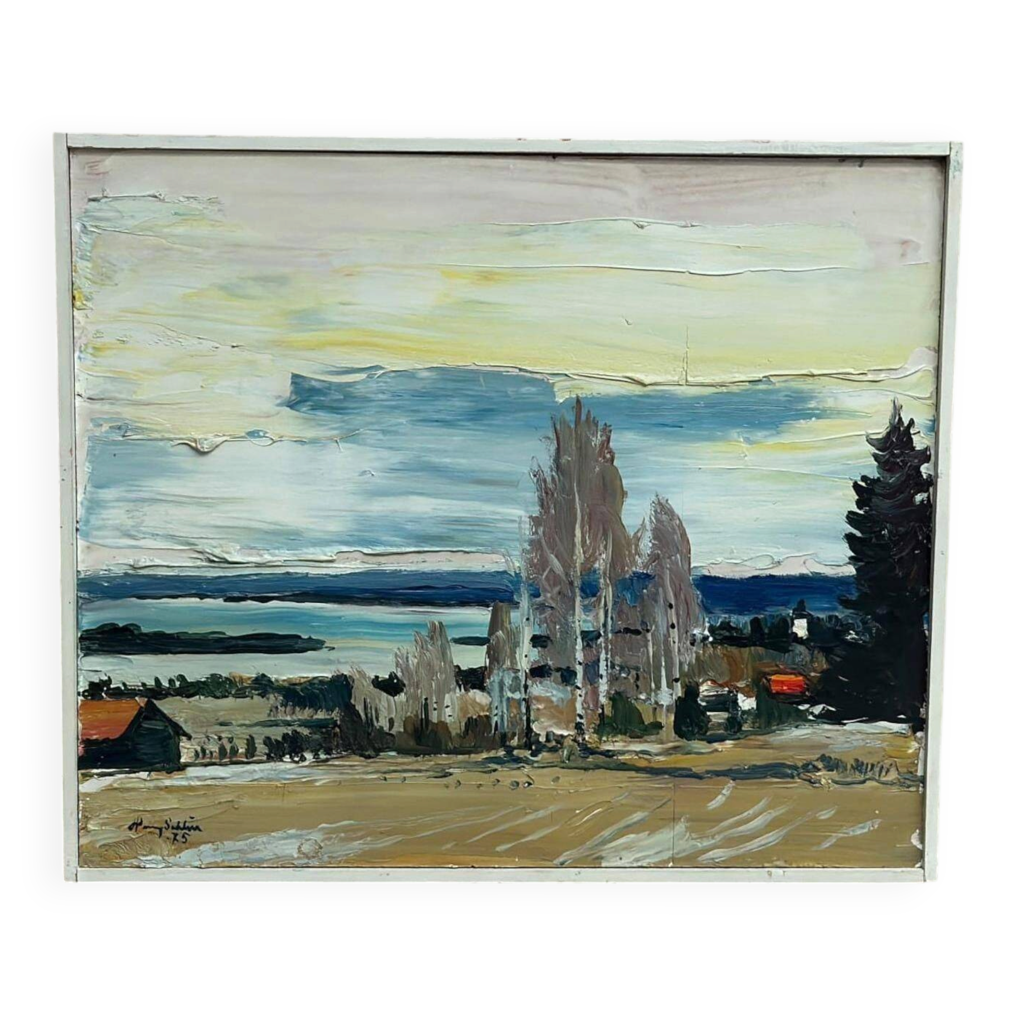 Huile sur panneau d'origine suédoise – « Maisons au bord de l'eau » par Harry Sahlin 1975 – Vintage et encadrée – 62 × 52 cm (24,4" × 20,5")