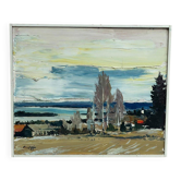 Original Swedish Oil On Panel – “Houses By The Shore” By Harry Sahlin 1975– Vintage & Framed – 62 × 52 Cm (24.4" × 20.5")