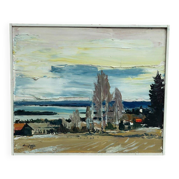 Huile sur panneau d'origine suédoise – « Maisons au bord de l'eau » par Harry Sahlin 1975 – Vintage et encadrée – 62 × 52 cm (24,4" × 20,5")