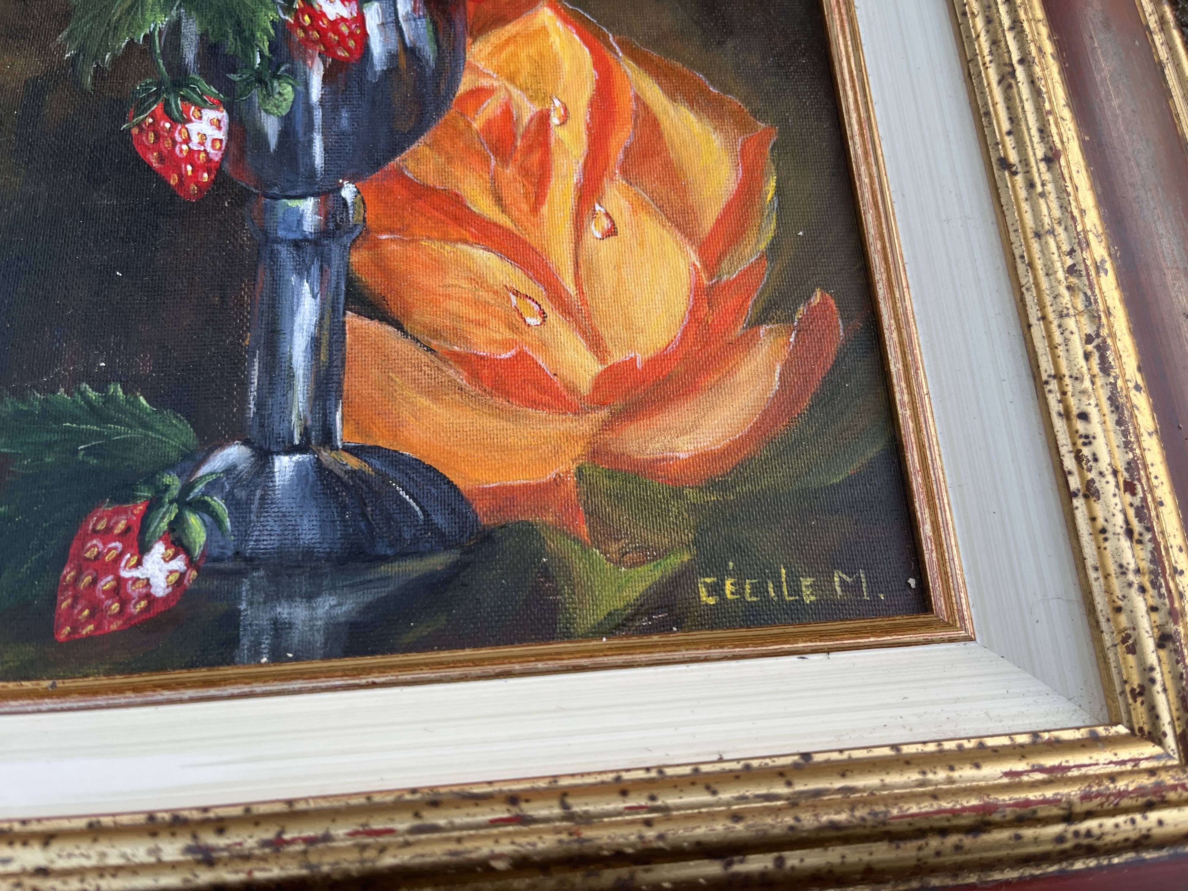 Still life with strawberries – Oil on canvas signed cecile m
