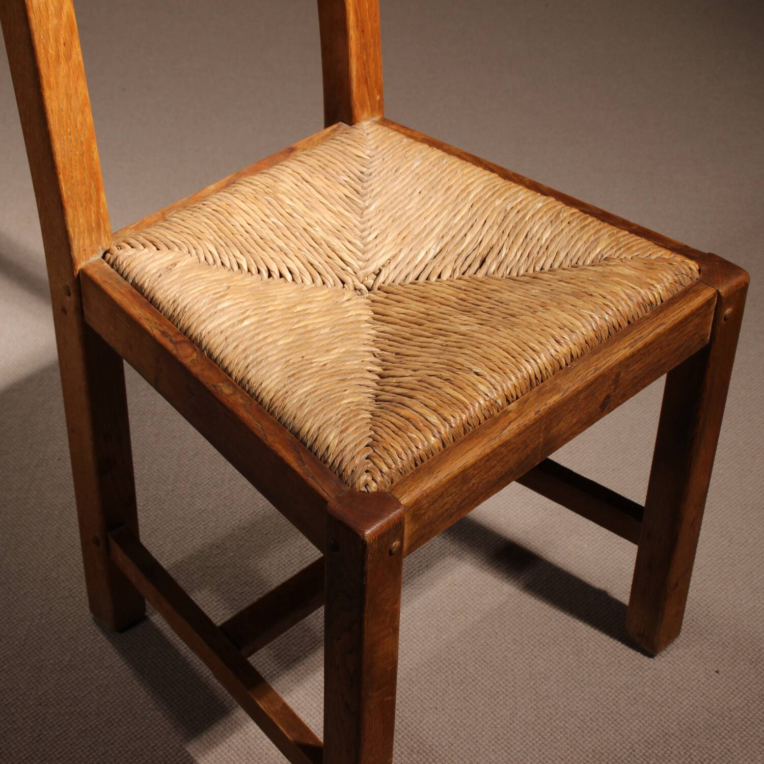 Brutalist Pair of Oak & Rush Chairs | Europe 1960s