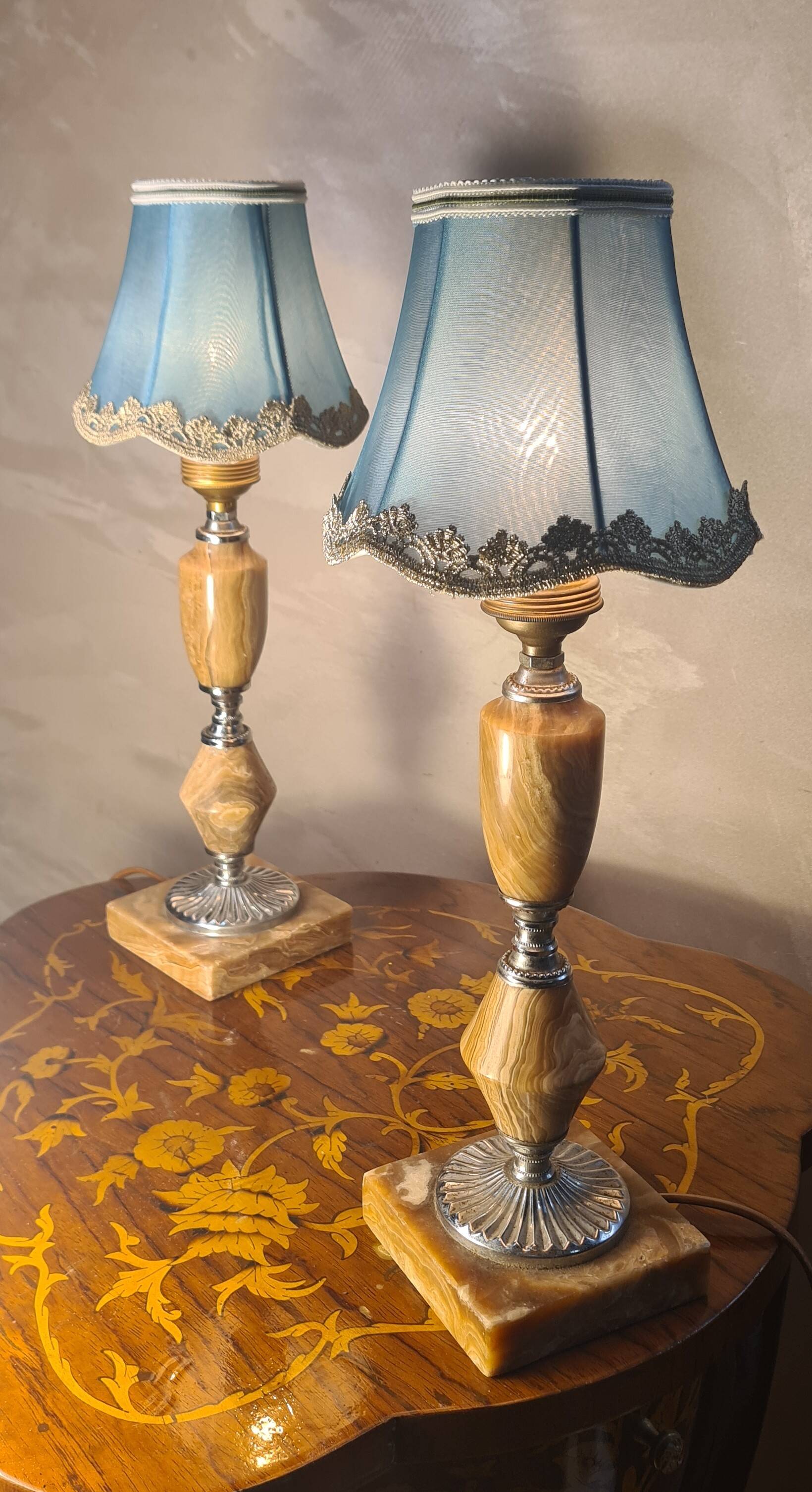 Pair of classic 1970 marble bedside lamps, new lampshades, electrical in working order, 39x14.