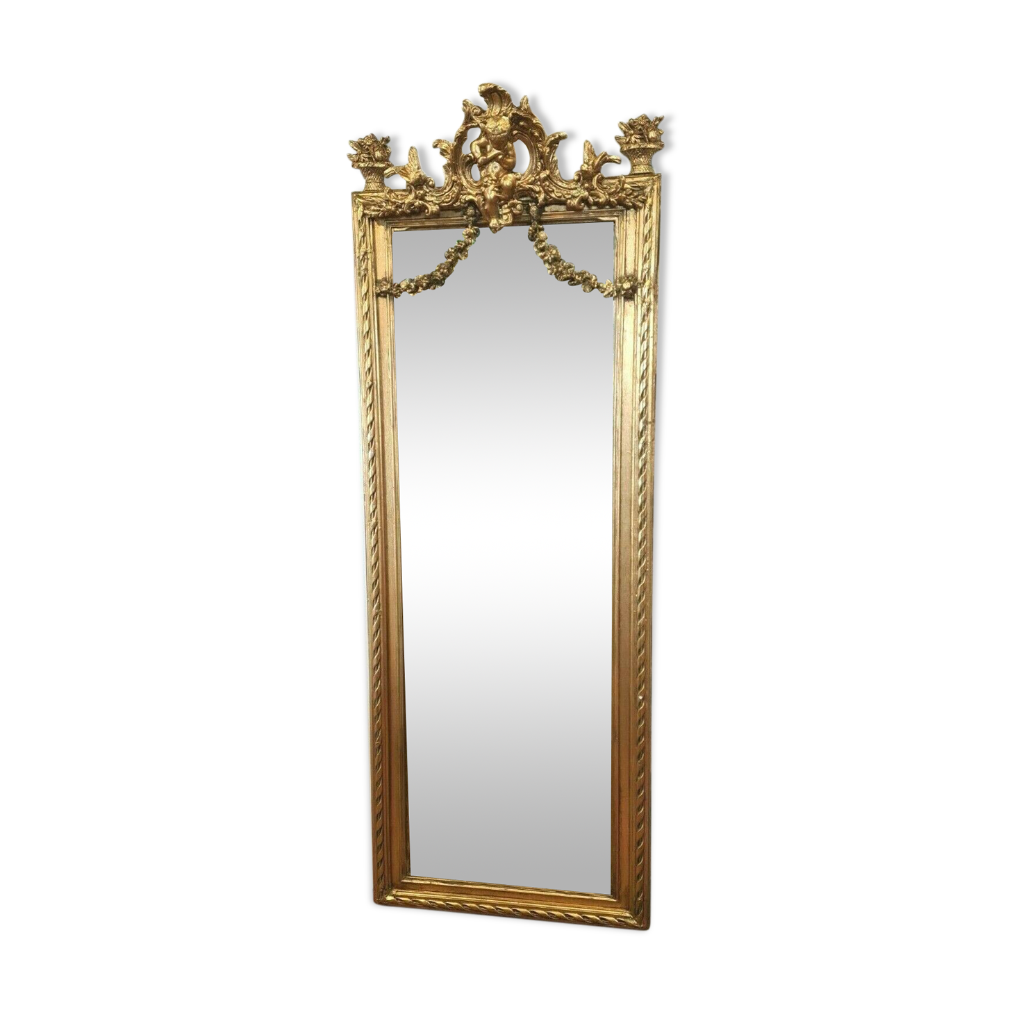 Mirror with an angel in gilded wood and stucco 166x61cm