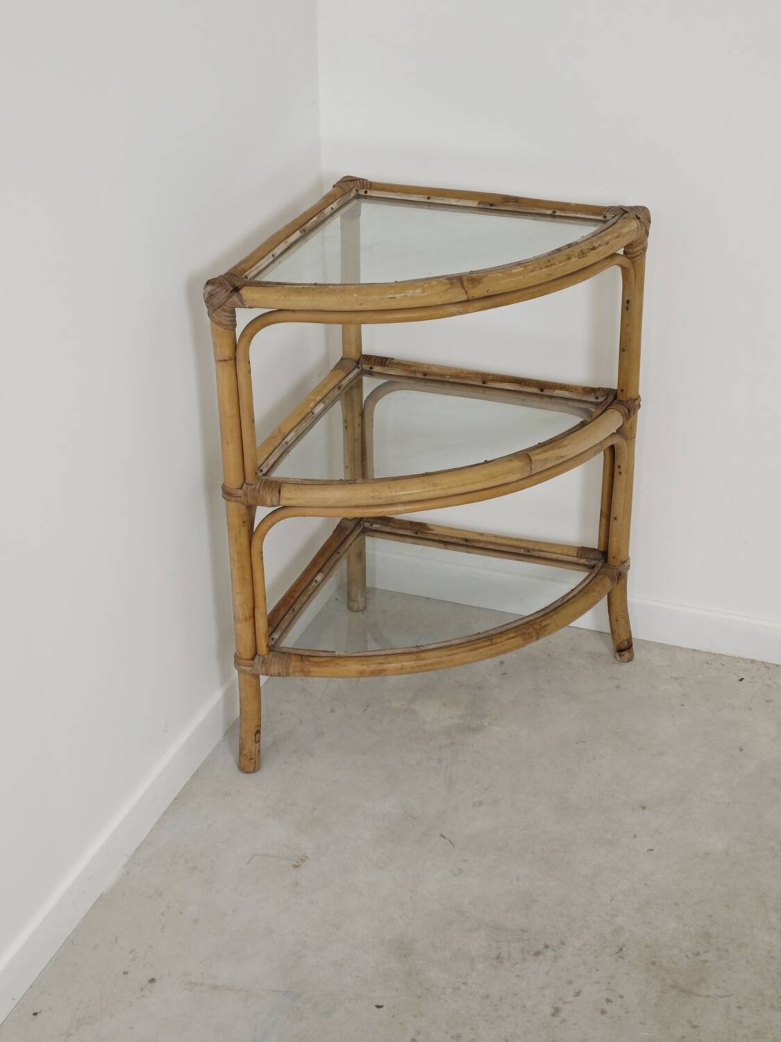 Rattan and glass corner shelf 1970