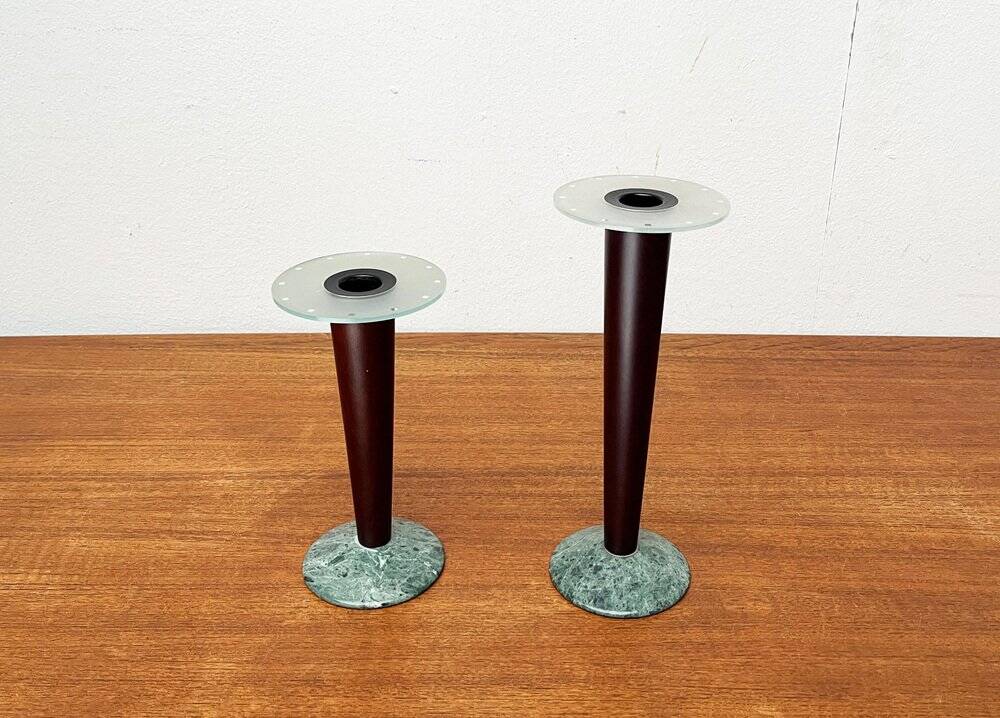 Vintage postmodern Italian wooden and stone candle holders, 1980s, set of 2.