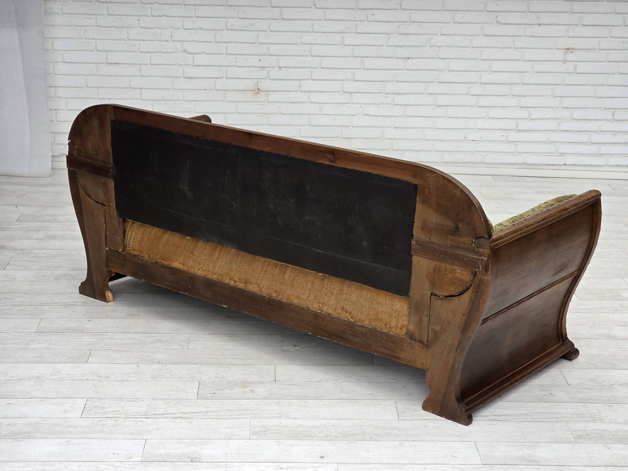 1950s, Danish 3-seater sofa, green furniture velour, oak wood.