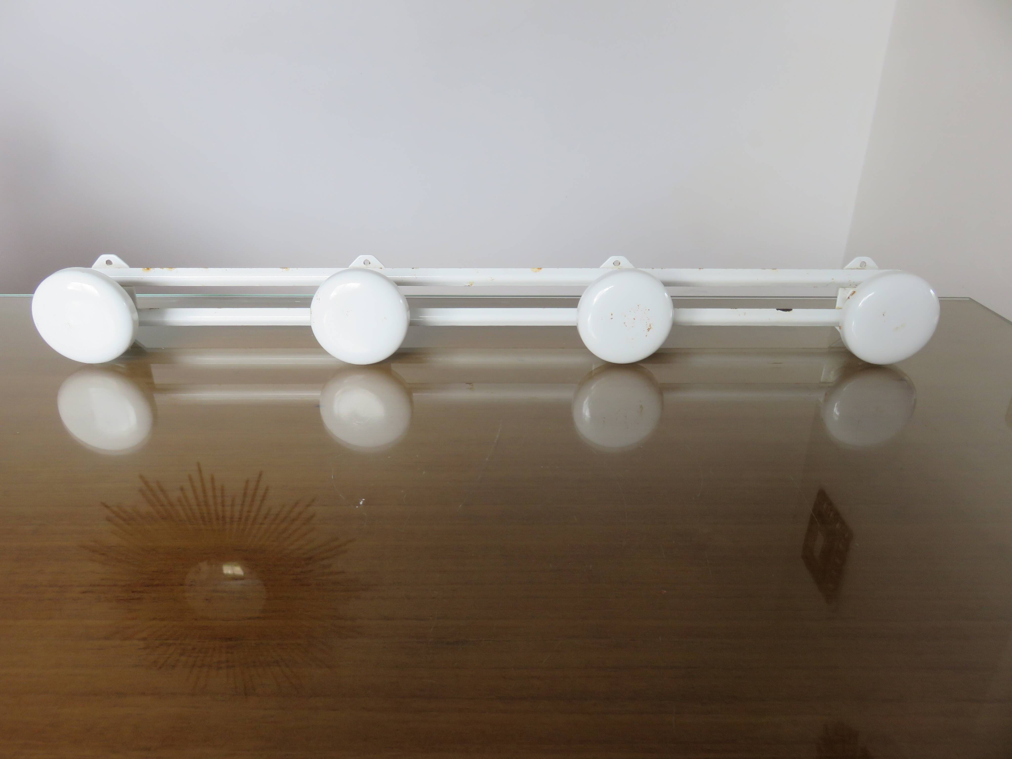 Wall coat rack with 4 hooks in white lacquered metal 1970