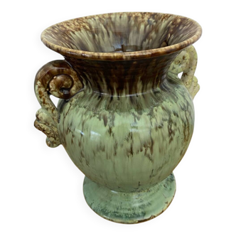 Ancien Vase Balustre Céramique Vert Marron Décoration Vintage