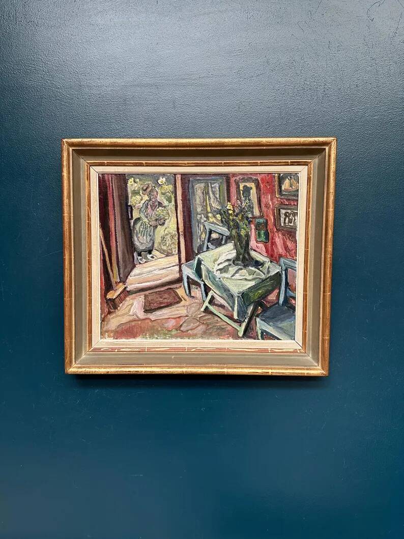 Oil on panel by Swedish artist – "Interior with figure" by Olle Nordberg (1905–1986) – 1944 – vintage and framed – 40×46 cm (15.7"×18.1")