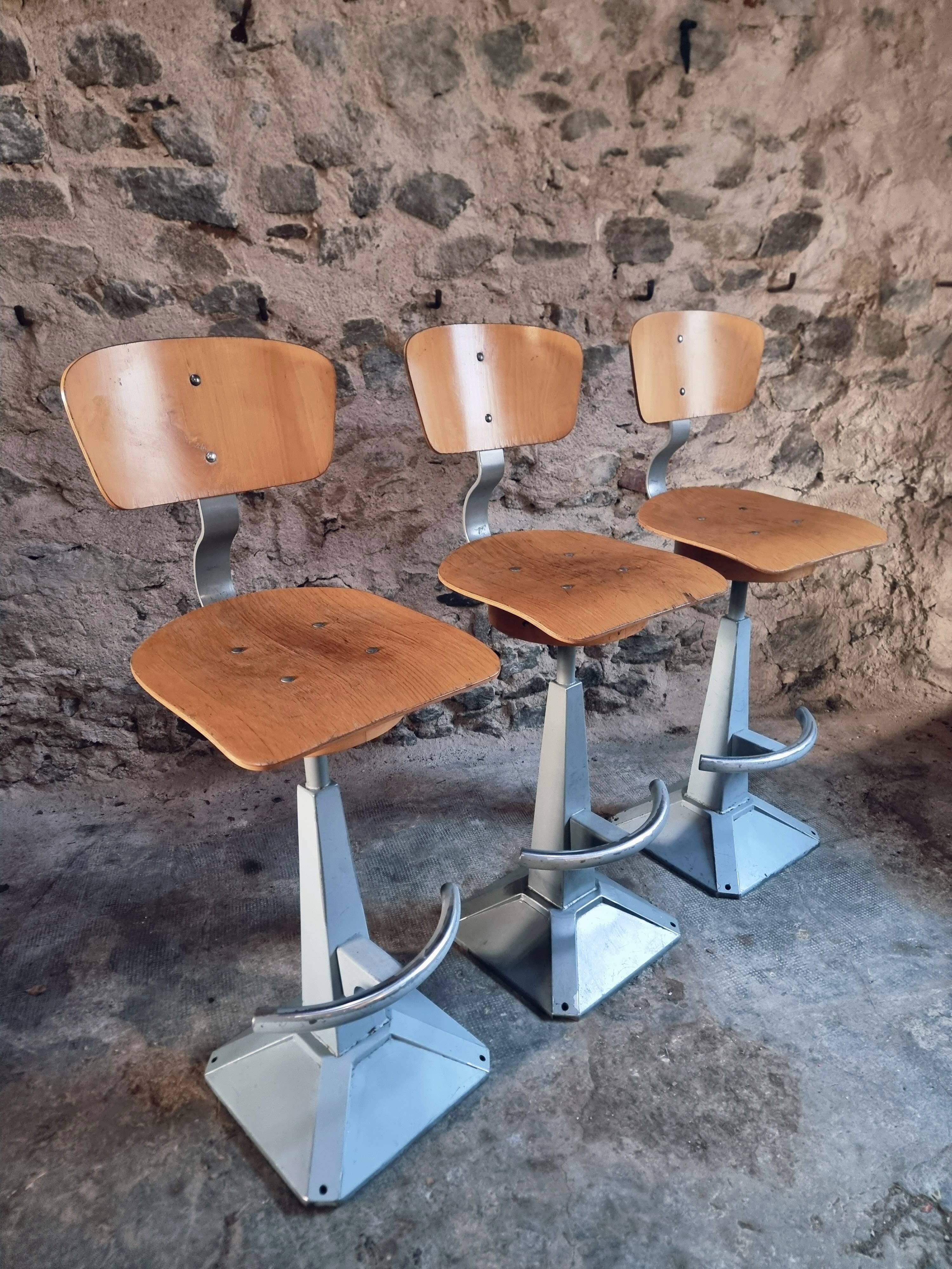 Set of 3 industrial swivel workshop chairs – fixed height bar stools – mid-century factory seats