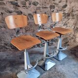 Set of 3 industrial swivel workshop chairs – fixed height bar stools – mid-century factory seats