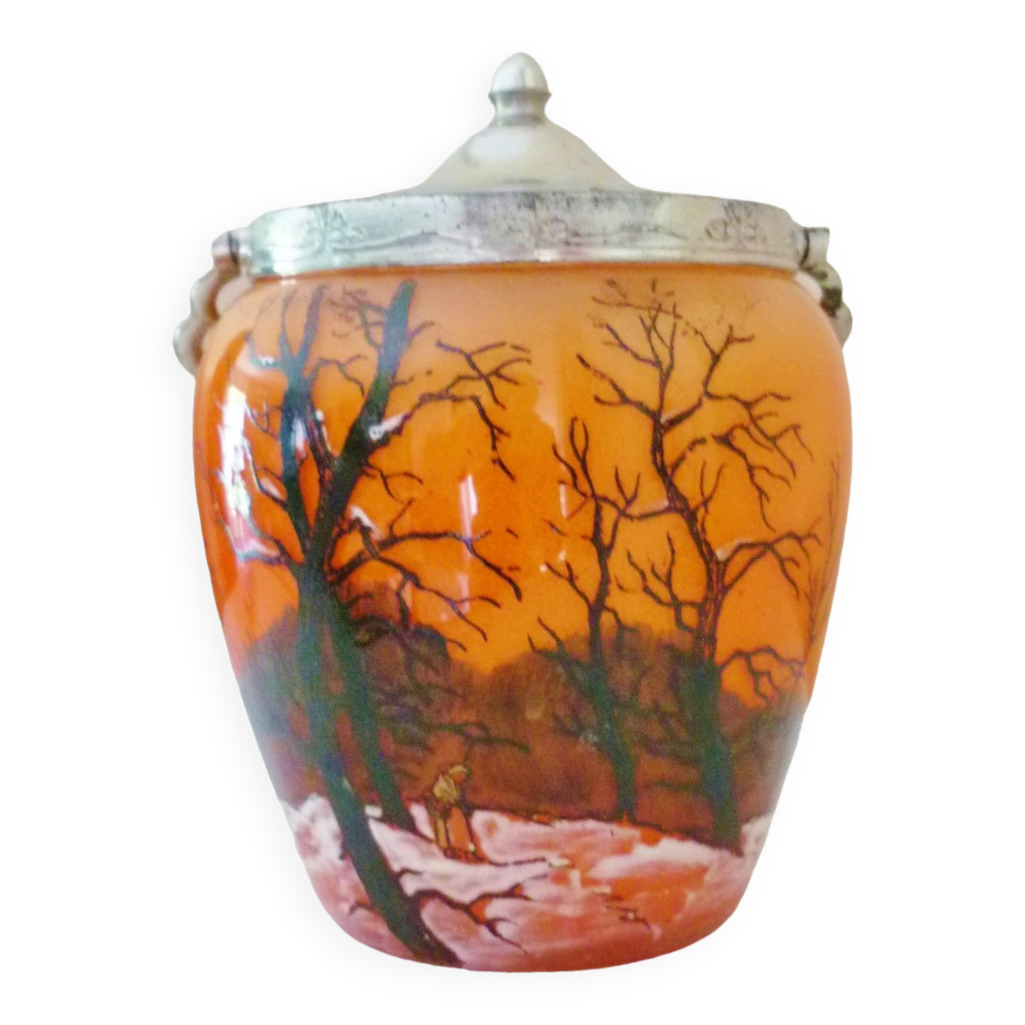 Seau, pot à biscuits ancien, verre soufflé, émaillé, ateliers Legras, art nouveau