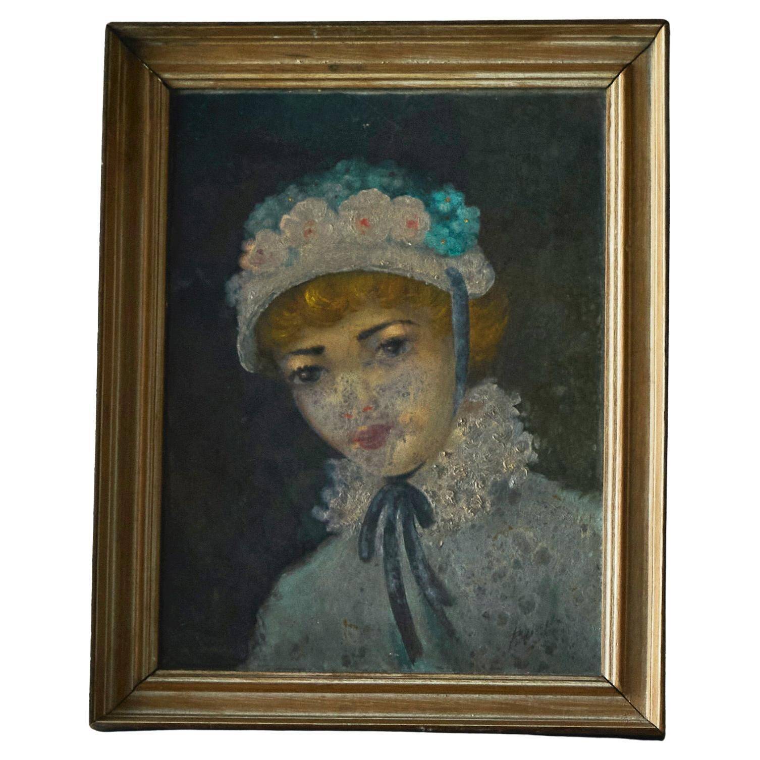 Oil portrait of a woman with a floral bonnet, Belgium, 1920s.