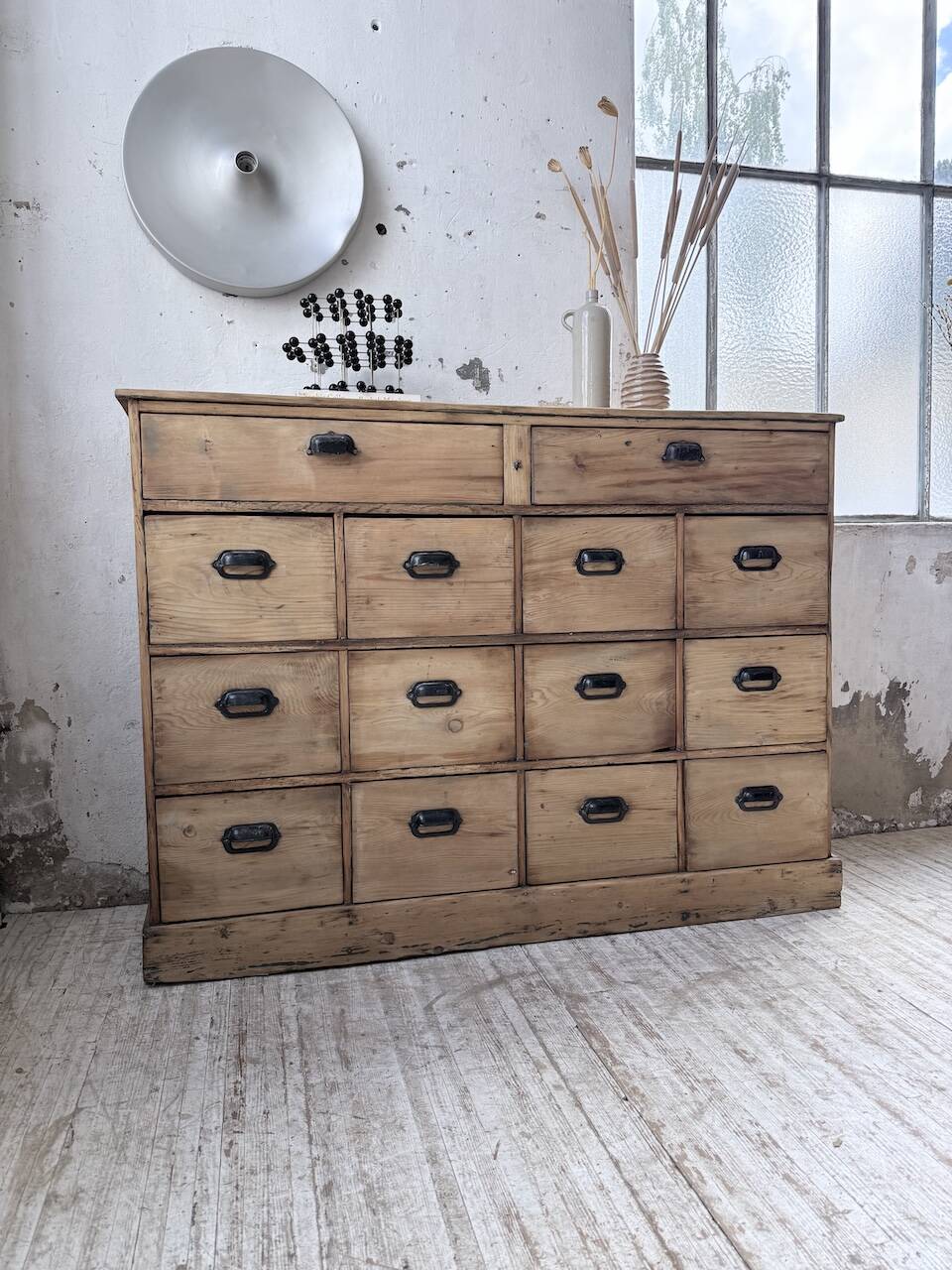 1950s pine workshop cabinet with drawers