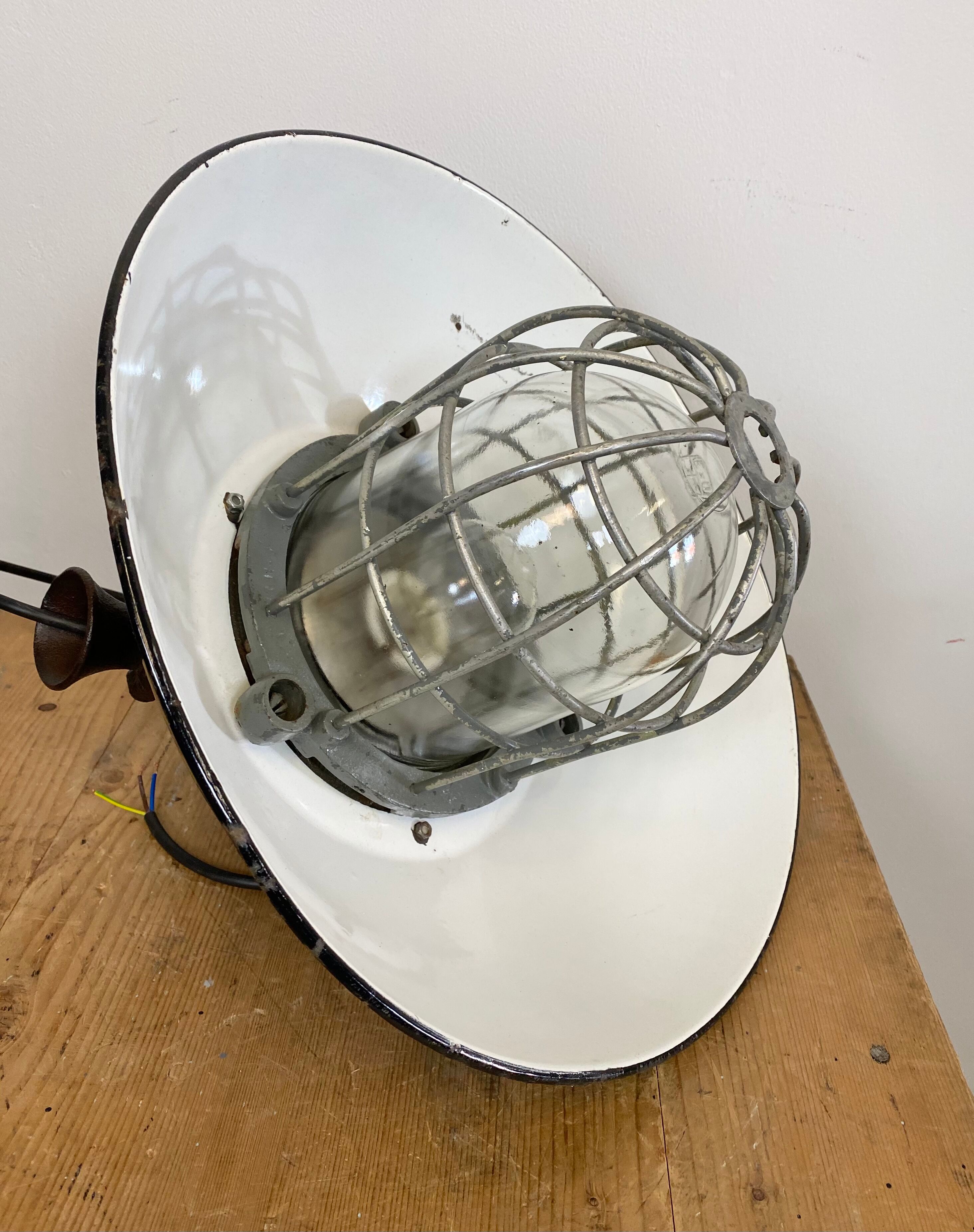 Black Enamel and Cast Iron Industrial Cage Pendant Light, 1950s