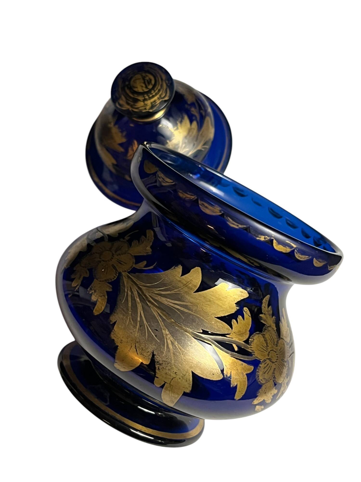 Antique covered pot or sugar bowl in blue and gold glass, early 20th century