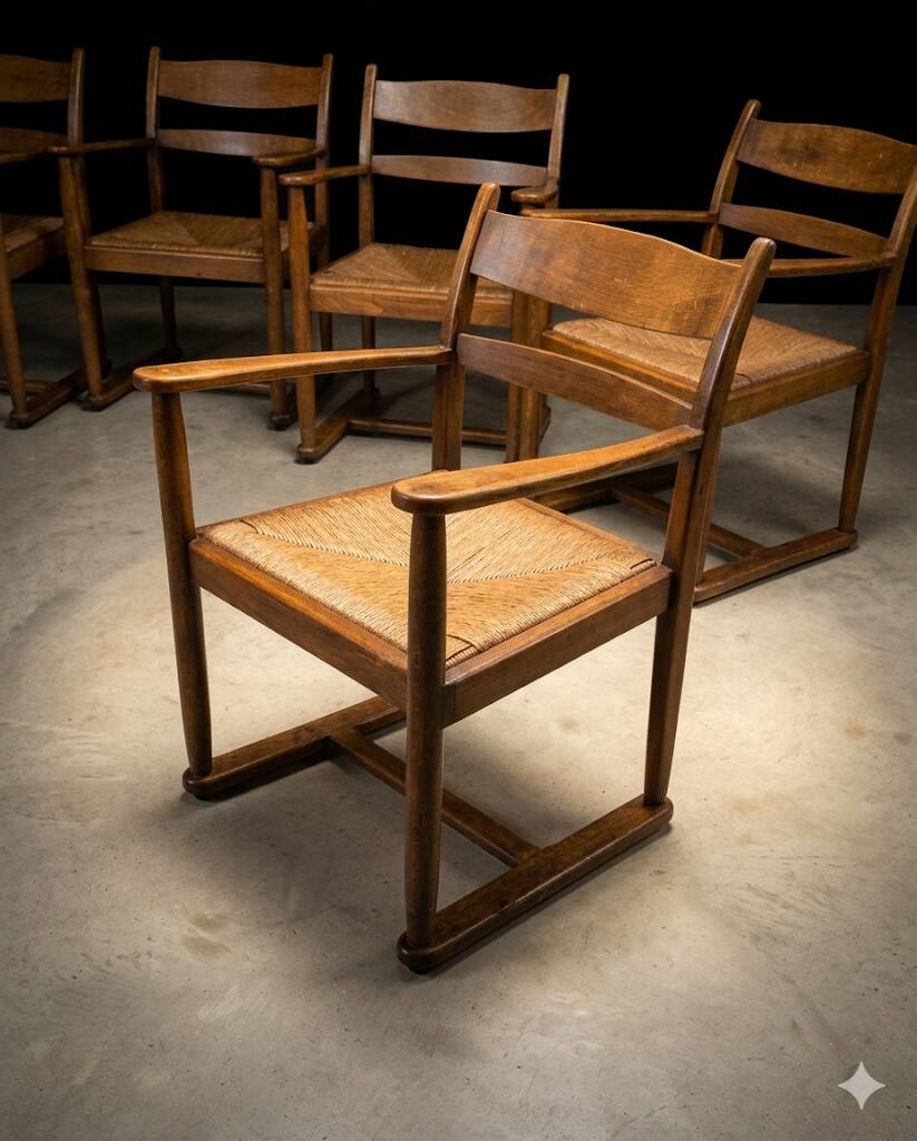 Set of 6 Brutalist dining chairs in Mid-century oak.