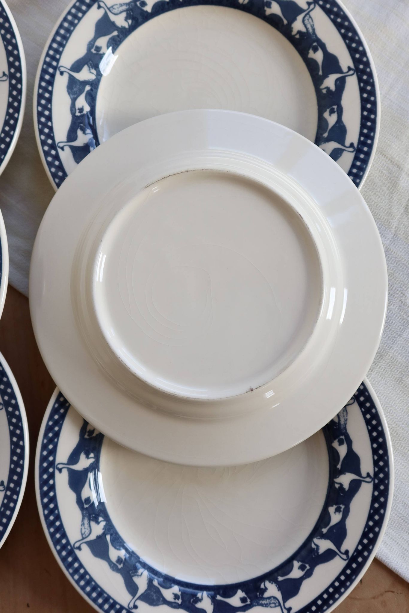 6 assiettes plates vintage motif oies bleu et blanc