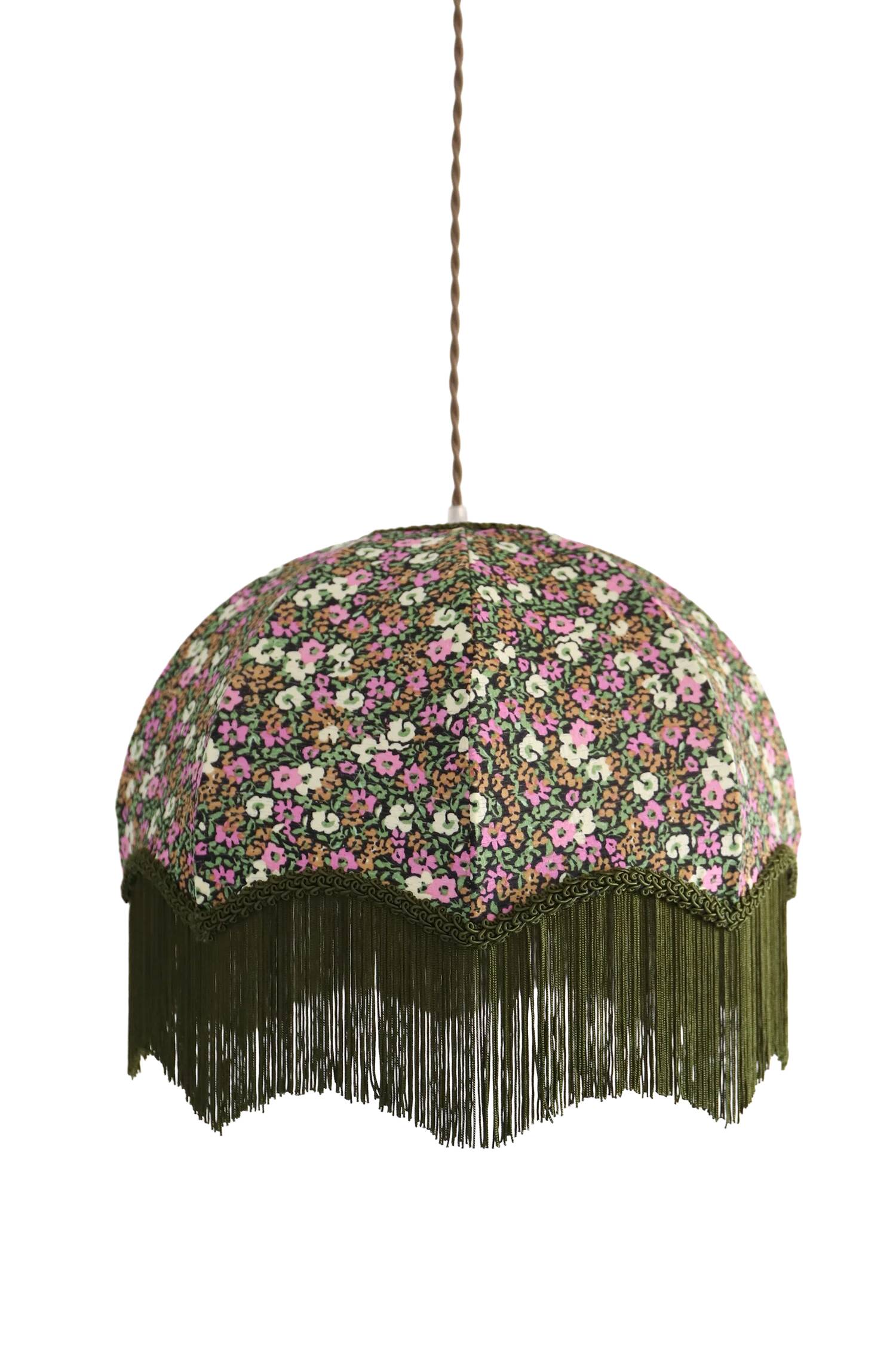 Suspension vintage recyclée à franges — forme dôme et motif fleuri